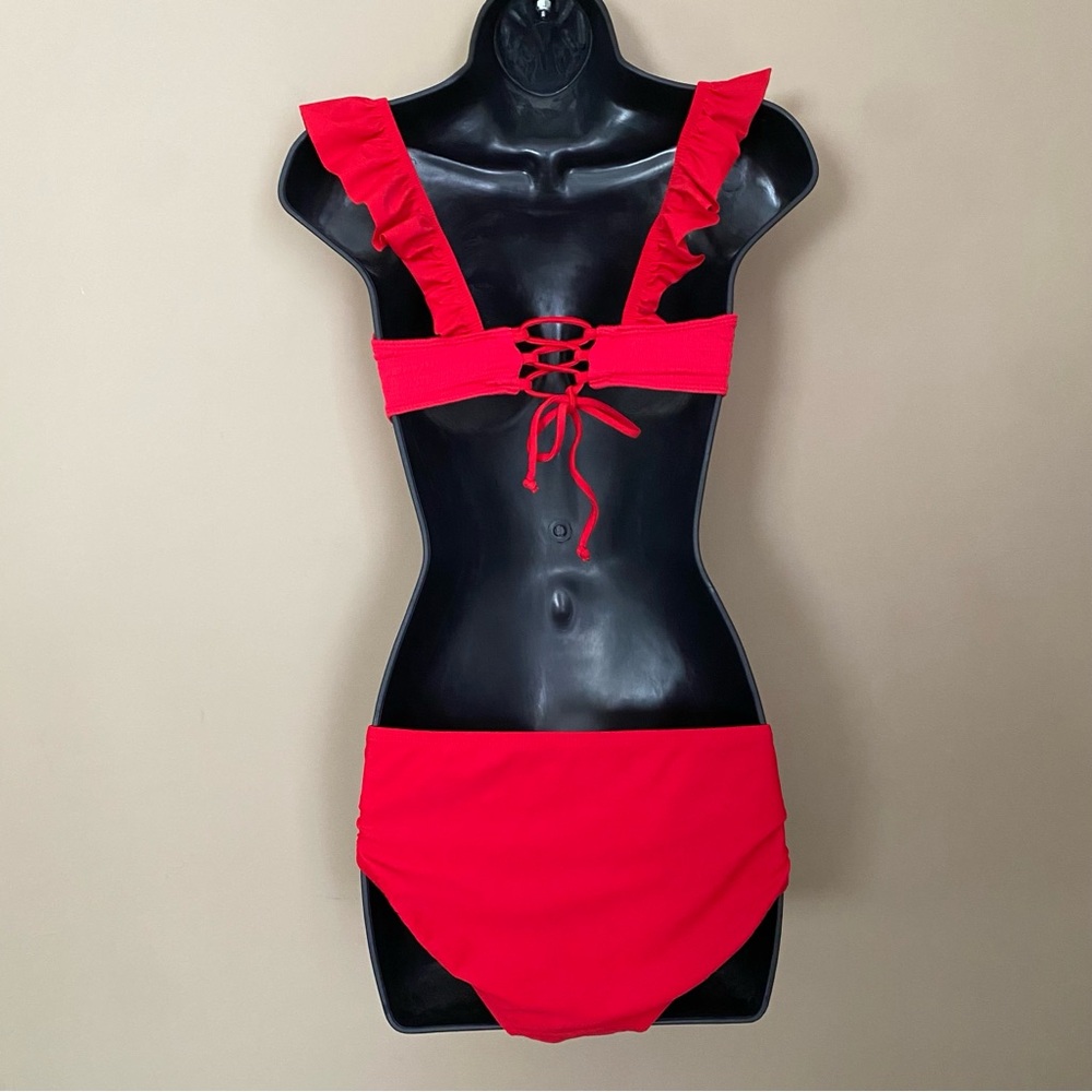 Solid Red Textured Ruffle Strap Bikini - Picture 3 of 9